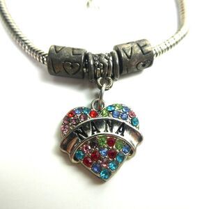 Nana Grandma Grandmother Love Heart Charm Beaded Silver Tone Bracelet Rainbow